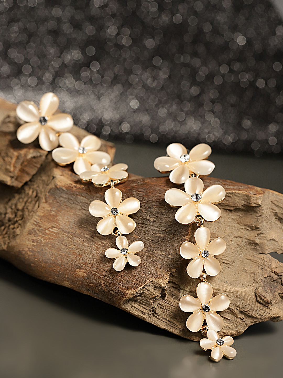 YouBella Off-White Gold-Plated Beaded Floral Drop Earrings